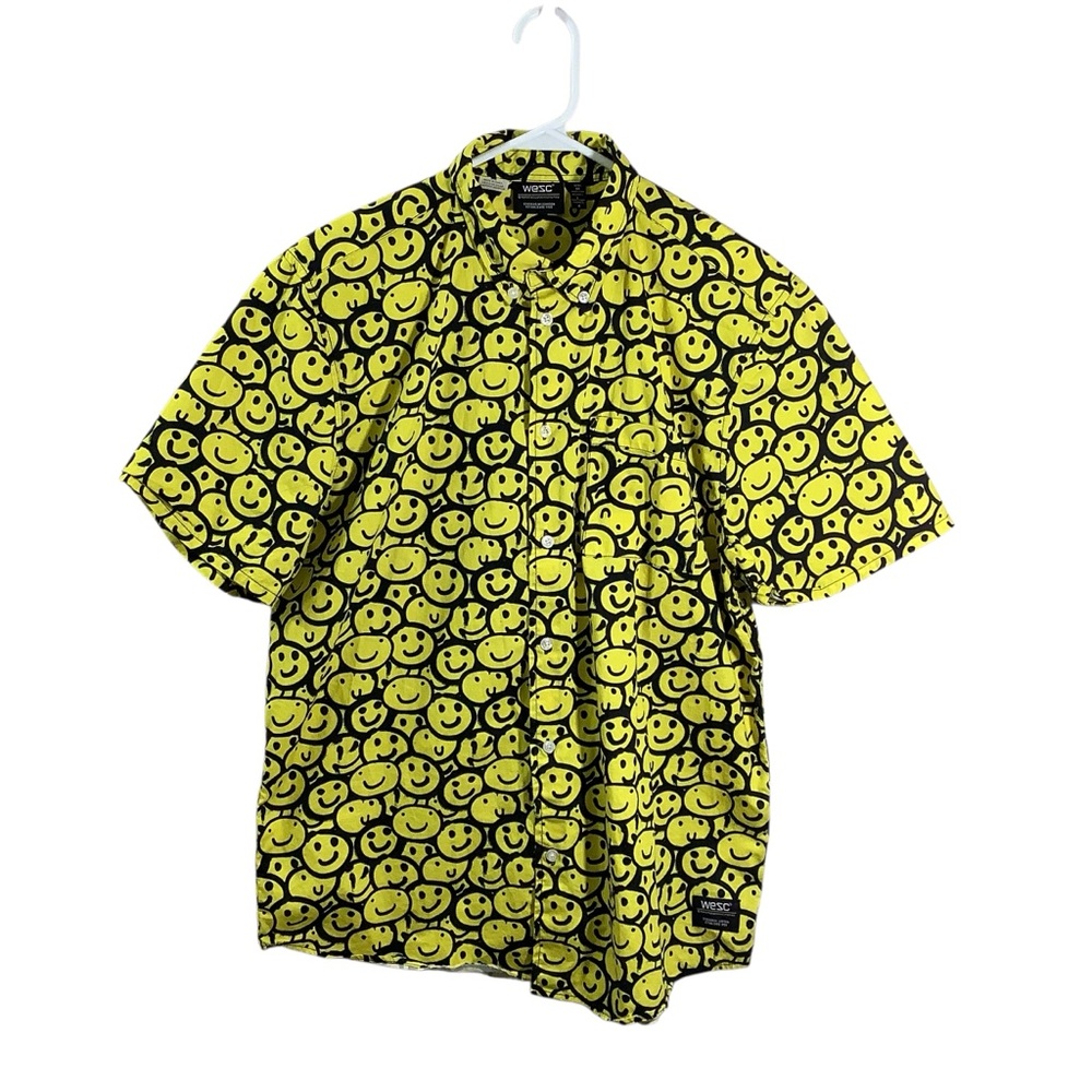 Wesc Smiley Face Yellow Polo Shirt Unisex Short Sleeve Y2K Streetwear Retro
